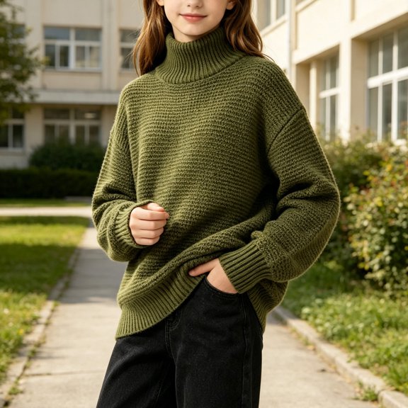 Girls Turtleneck Sweaters Pullover Kids Toddlers Cable Knit Warm Long Sleeve Winter Top, Sizes 11-16 Years Green01#, Size 150