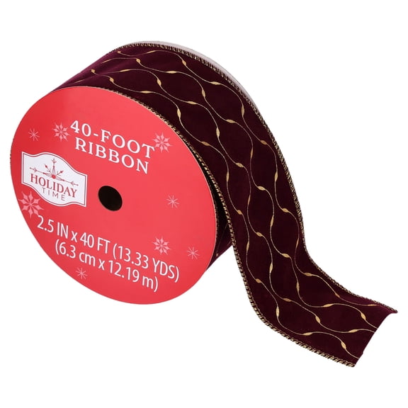 Maroon and Gold Wave Velvet Christmas Ribbon, 2.5" x 40', by Holiday Time