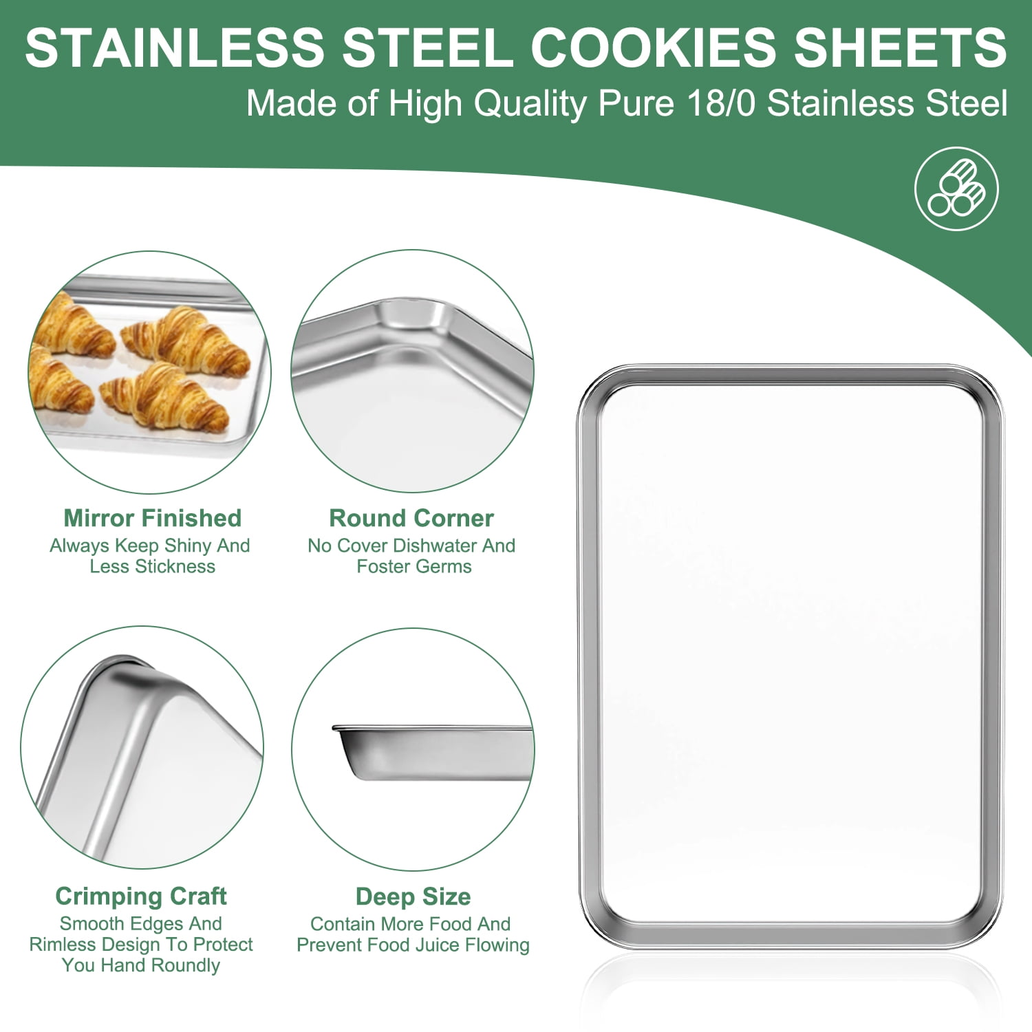 GPED Baking Sheet Pan Set of 3, 16/12/10.5 Inch, Stainless Steel Cookie Tray Pans Set for Oven, Rectangle Baking Tray for Cooking Roasting, Non Toxic & Easy Clean, Dishwasher Safe