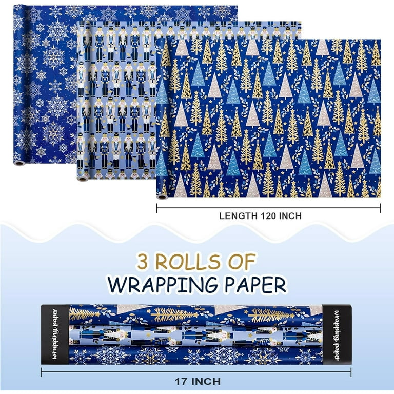 HOMERAL Christmas Wrapping Paper Roll - Deep Blue Gift Wrap with Nutcracker, Christmas Tree, Snowflake, Elk, Polka Dot, "Merry Christmas" - Perfect for Christmas - 17 X 120 Inch(3 Rolls)