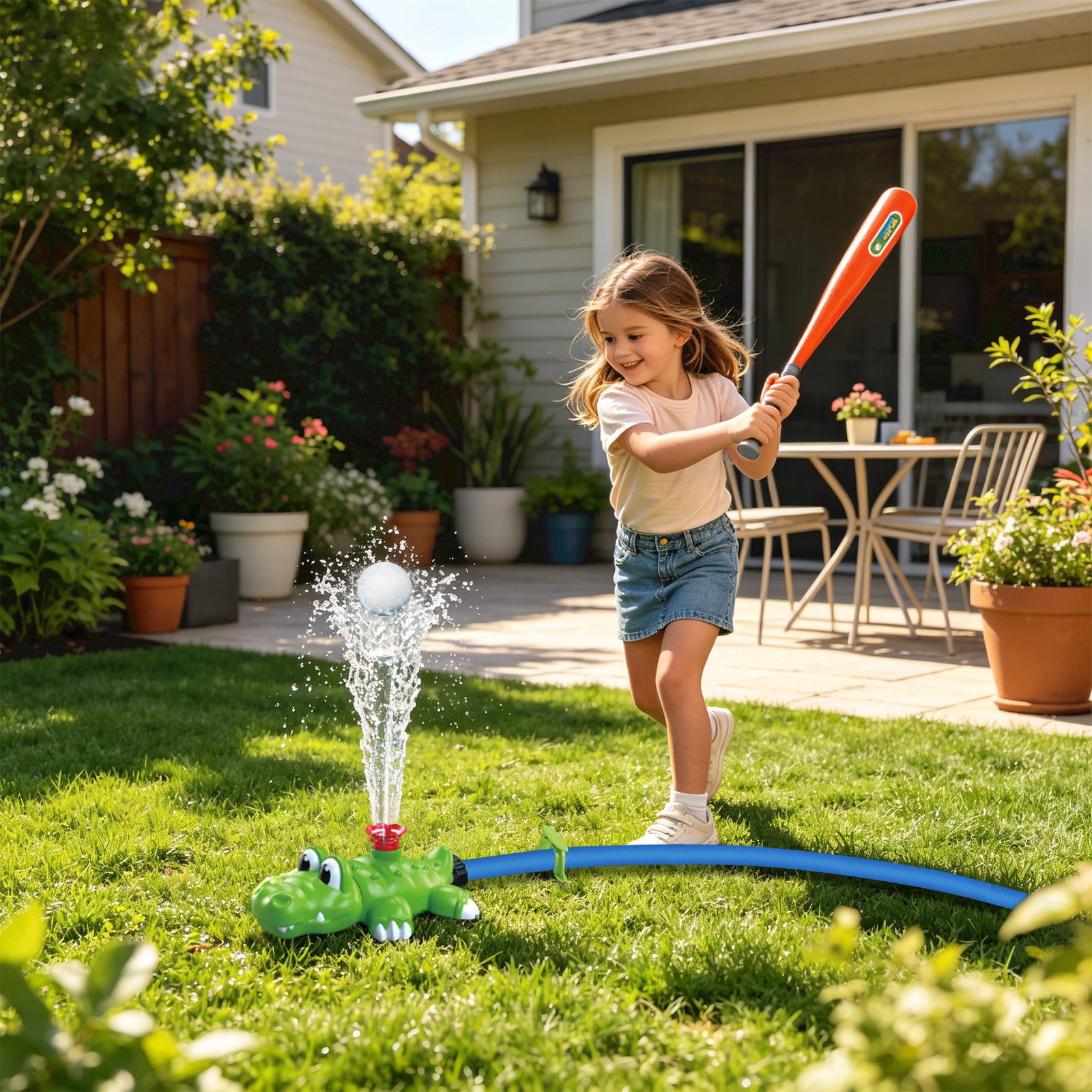 4-in-1 Kids Water Sprinklers T Ball Set & Water Ball Toy, Crocodile Baseball Sprinkler for Backyard Outdoor Summer Toys for Boys Girls Outside Yard Water Game Toys for Kids Toddlers Ages 3-8