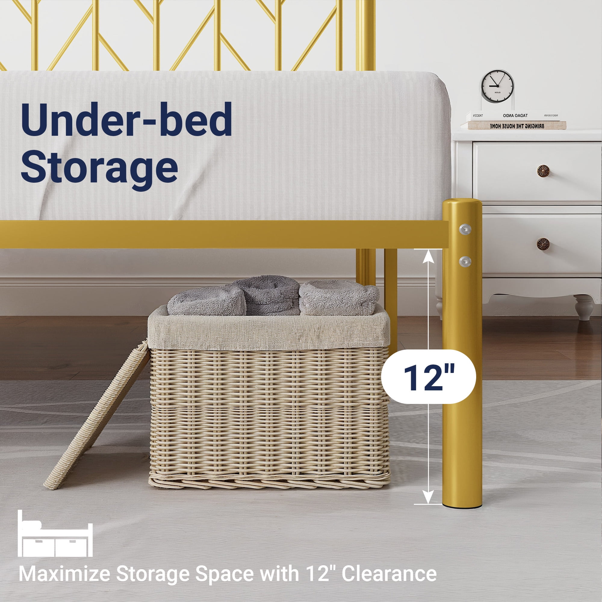 Allewie Gold Queen Size Modern Metal Platform Bed Frame with Vintage Headboard and 12" Under-bed Storage