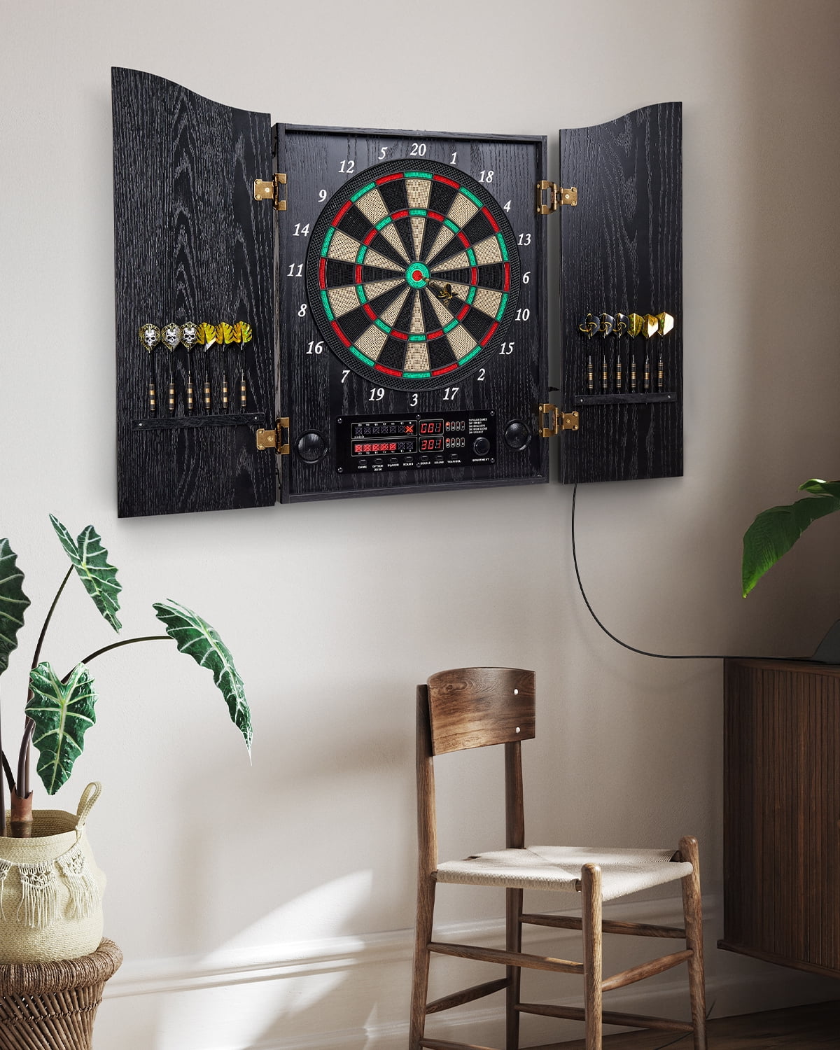 Yirinatek Electronic Dart Board, Decorative Dart Board Cabinet Set for Adults [12*Bronze Soft Tip Darts] [Cricket Game Mode]- Wooden Electric Dartboard Cabinet for Family Game Rooms [Black]