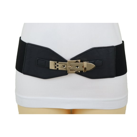 Women Faux Leather Black Elastic Belt Gold Metal Buckle S M