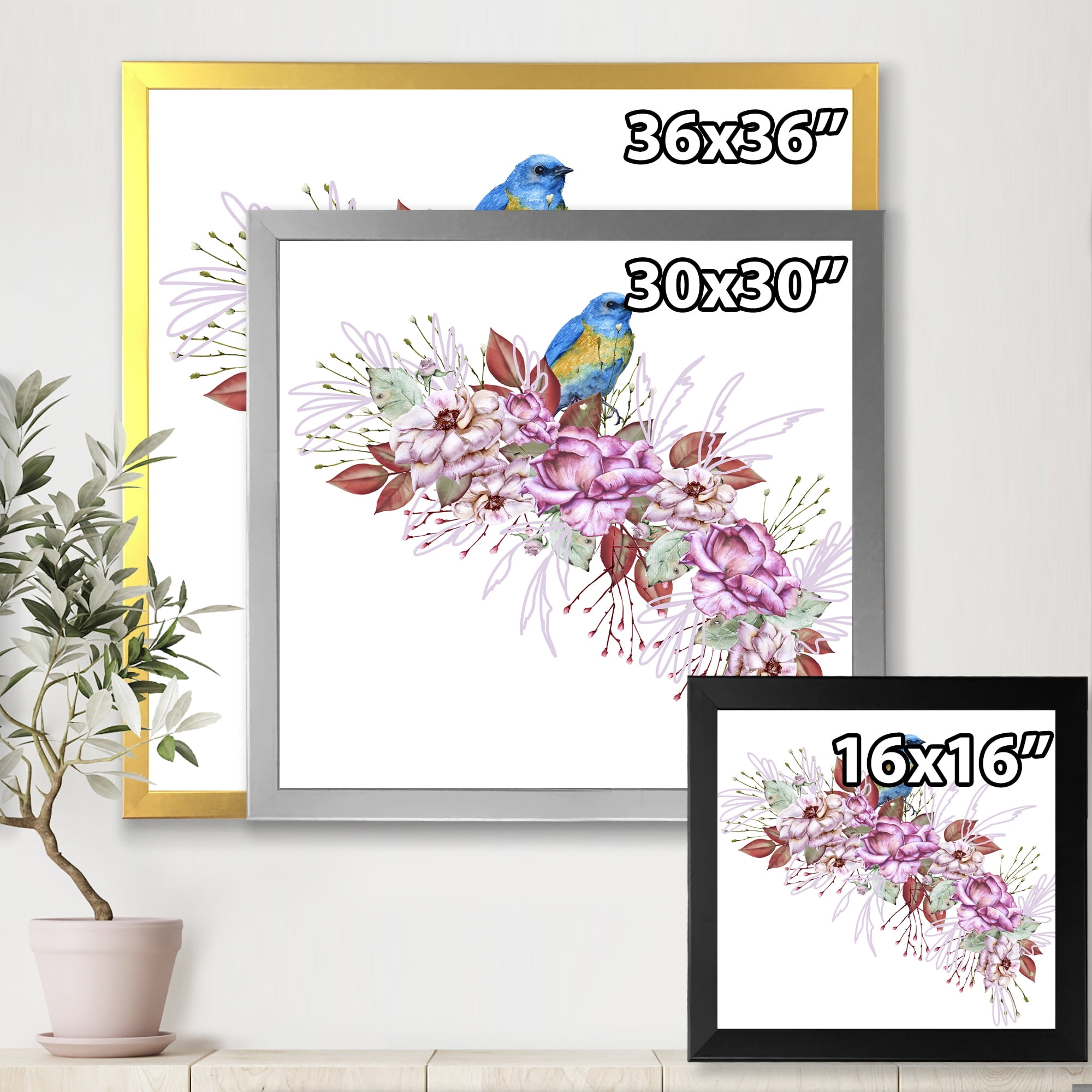 Designart 'Little Blue Bird Sitting On Colorful Boquet of Flowers' Traditional Framed Art Print