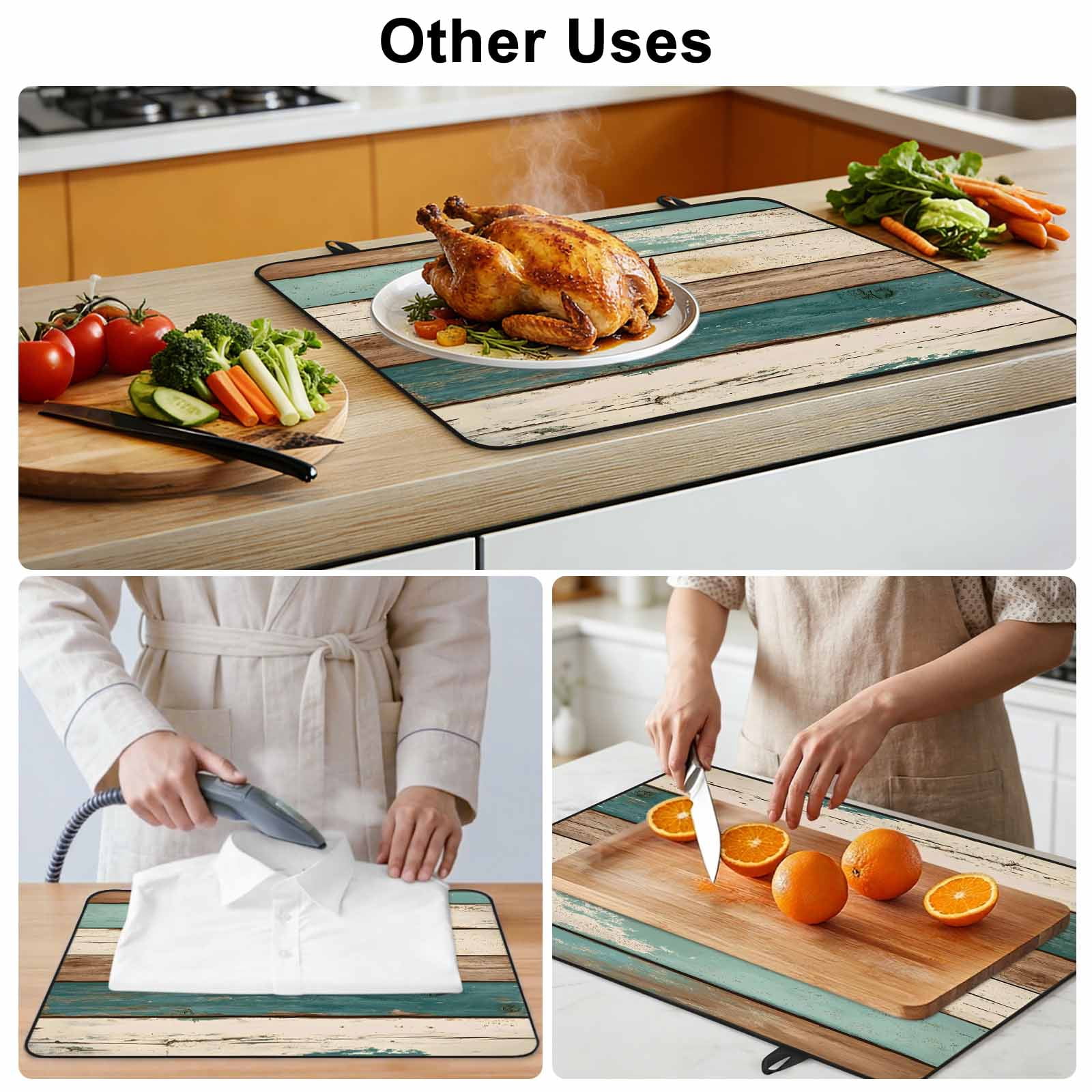 Farmhouse Teal Brown Stove Top Cover for Electric Stove, Heat-proof & Non Slip Glass Top Stove Cover Protector, Retro Ombre Wooden Kitchen Flat Cooktop Rubber Mat 24x21 Inches