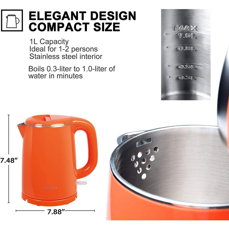Secura Stainless Steel Double Wall Electric Kettle Water Heater for Tea  Coffee w/Auto Shut-Off and Boil-Dry Protection, 1.0L (Orange) 