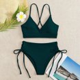 thumbnail image 3 of Efsteb 2 Piece High Waisted Bikini Set for Women V Neck Backless Strap Split Swimsuit Solid Color Drawstring Two Piece Bathing Suit (Army Green,L), 3 of 5