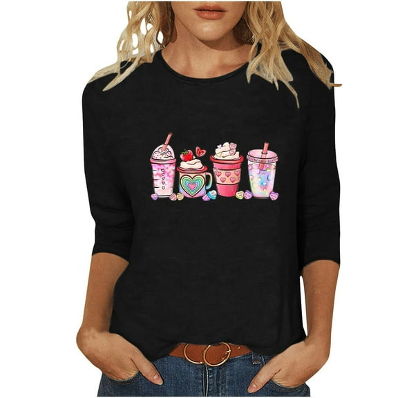 Penkiiy Women's Valentine's Day Fashion Printed T-shirt 3/4 Sleeves Blouse Round Neck Casual Tops XS Black
