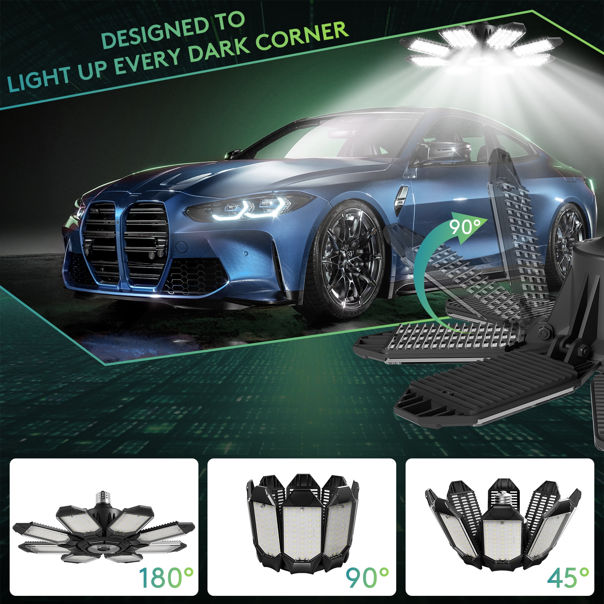 SUNBEAK LED Garage Light with 8+1 Deformable Panels 2 Pack,6500K LED Shop Lights,Warehouse Ceiling Light Bulb,E26/E27 for Basement,Workshop