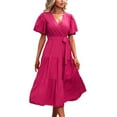 thumbnail image 1 of B91xZ Robe Grande Taille pour Femmes Manches Courtes Col Rond à Volants Ligne A Fluide Invité de Mariage Maxi Robes, Rose Vif L, 1 of 4
