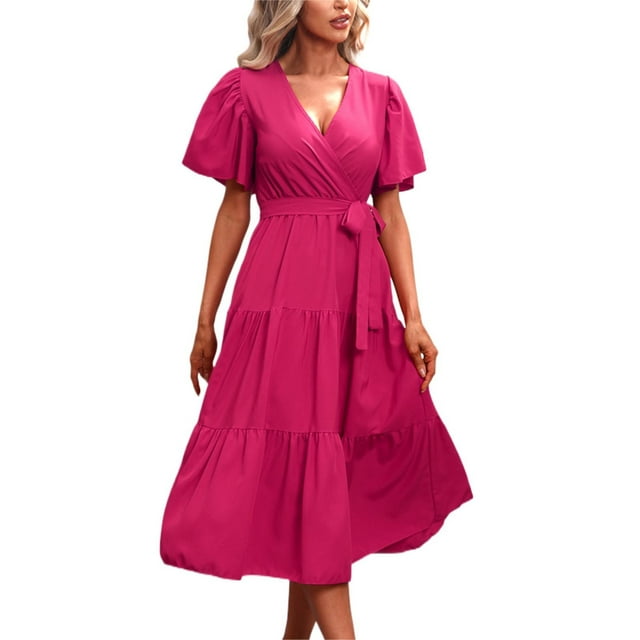 B91xZ Robe Grande Taille pour Femmes Manches Courtes Col Rond à Volants Ligne A Fluide Invité de Mariage Maxi Robes, Rose Vif L