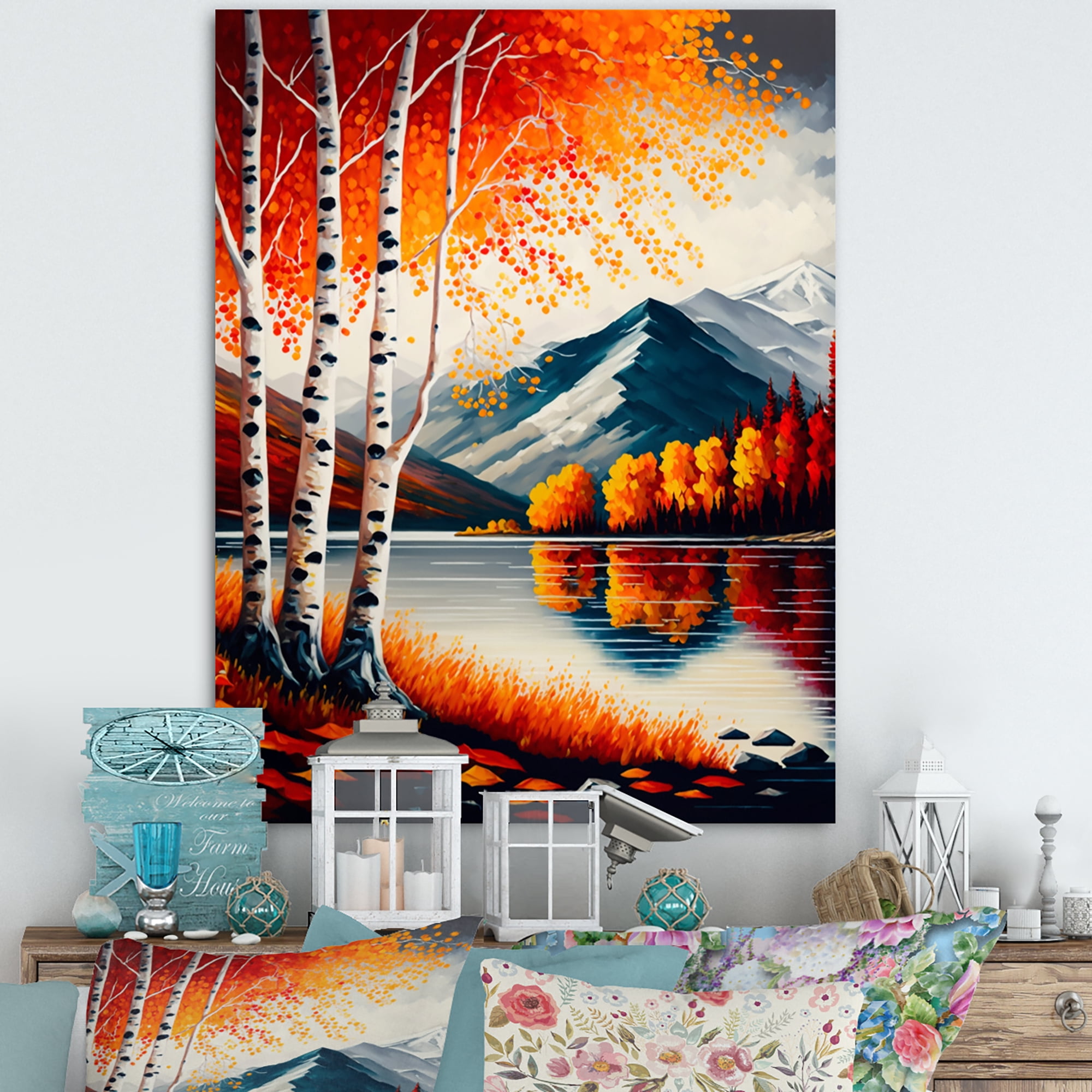 Designart Red And Orange Birch Trees By The Lake VI Canvas Wall Art