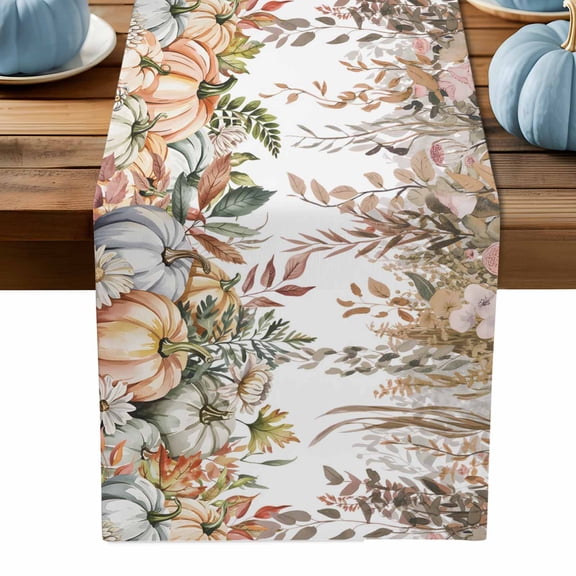 ERUNPONLY Pumpkins Fall Table Runner - 60 Inch Long Thanksgiving Botanical Eucalyptus Leaves Cotton and Linen Blended Dress Scarves Farmhouse Table Runner for Kitchen Dining, Coffee Table, 13" x 60"