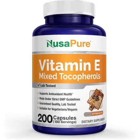 NusaPure Vitamin E Mixed Tocopherols – Vegetarian/Vegan, Non-GMO – 200 Capsules