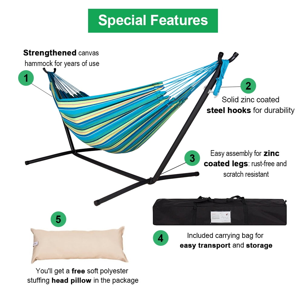 Lazy Daze Hammocks Double Hammock with Space Saving Steel Stand Includes Portable Carrying Case and Head Pillow, 450 Pounds Capacity (Oasis Stripe)