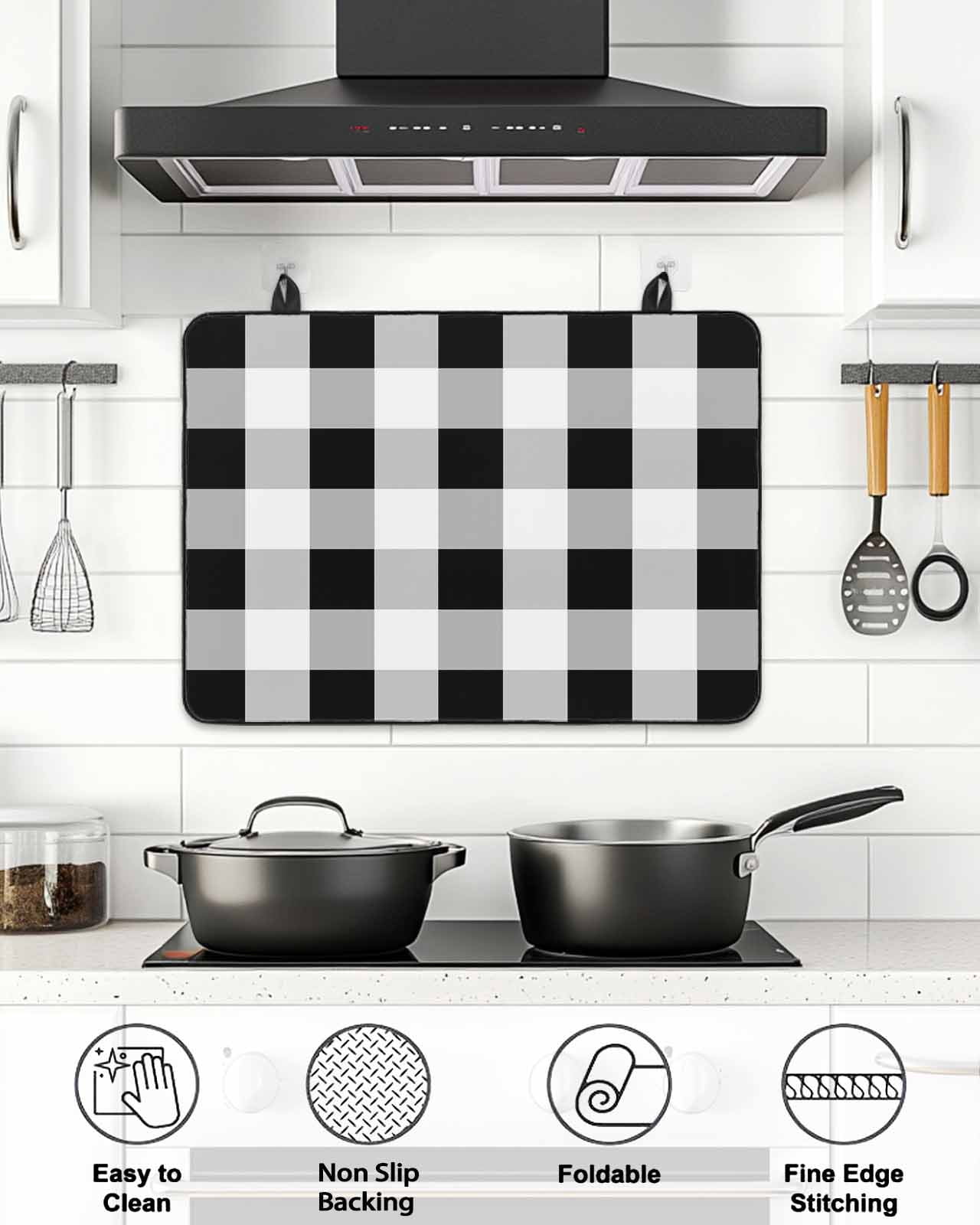 Stove Top Covers for Electric Stove, Black White Plaid Glass Stovetop Cover Protector, Spring Farmhouse Buffalo Checkered Induction Cooktop Protector Oven Mat for Kitchen Countertop 24"x21"