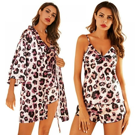 

3 Pcs Pajama Set for Women Leopard Silk Satin Sleeveless Camisole Sleepwear Shorts And Bathrobe Nightgown Sets S-XL