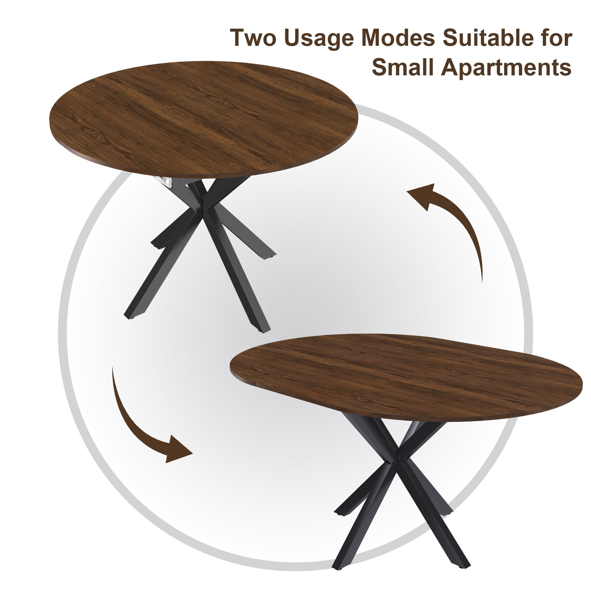 AENKYO 42"-58" Expandable Round Dining Table, Walnut Brown Wood Top & Black X-Base Pedestal, Seats 4-6
