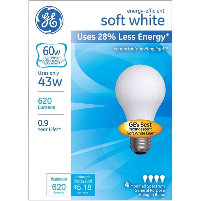 GE Energy-Efficient Soft White 43-Watt Halogen Light Bulbs 4 ea (Pack ...