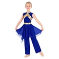 thumbnail image 2 of Miutii Girls Lyrical Praise Dance Outfits 2pcs Shiny Metallic Sleeveless Asymmetrical Hem Dress with Pants Modern Dance Set Blue 16, 2 of 6