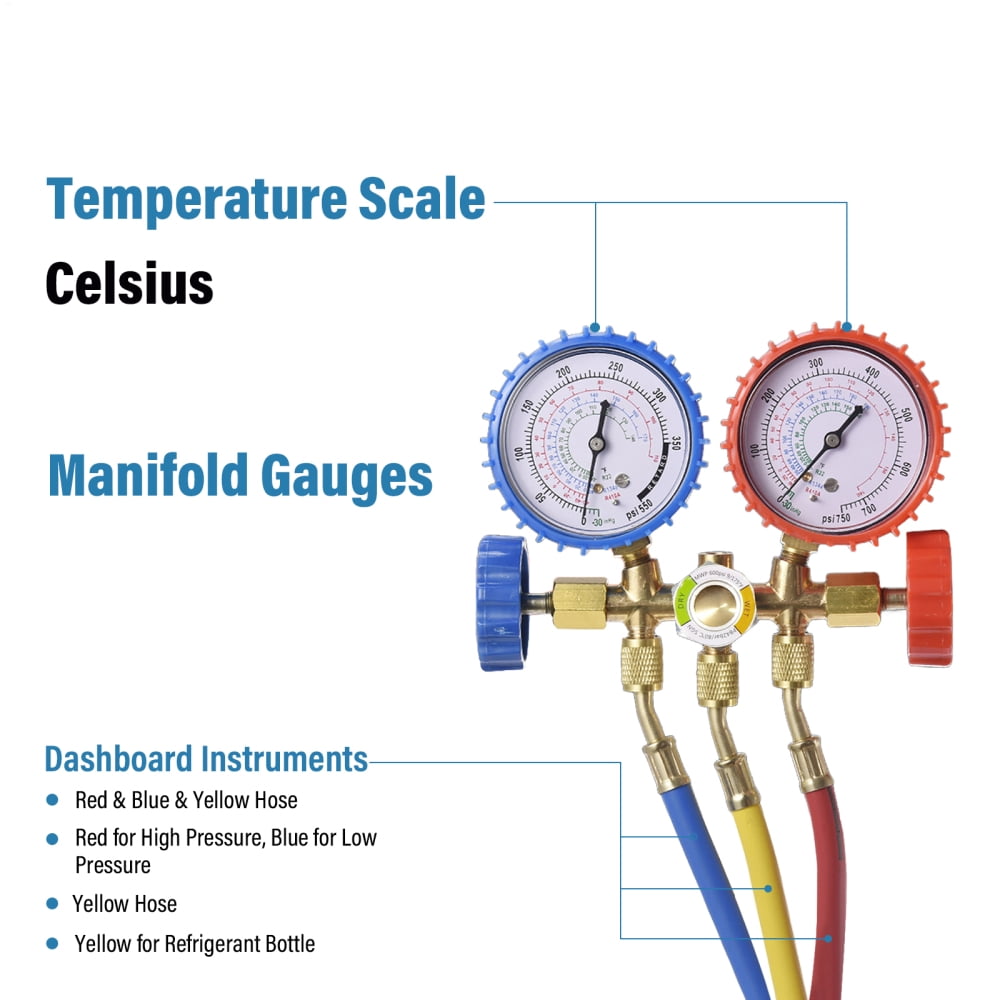 AC Gauge Set, 3-Way AC Manifold Gauge Set for R134A, R22, R12, R502 Refrigerants – Freon Gauges Include 3.28 ft Hoses, Couplers, and Can Tap for Car Auto Freon Charging and Evacuation