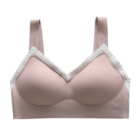 QYZEU Womens Clothes Wireless Comfortable Soft Cups Bra Lightweight Push Up Underwear Lace Edge V Neck Tank Top Solid Color Breathable Bra Rose Gold XL
