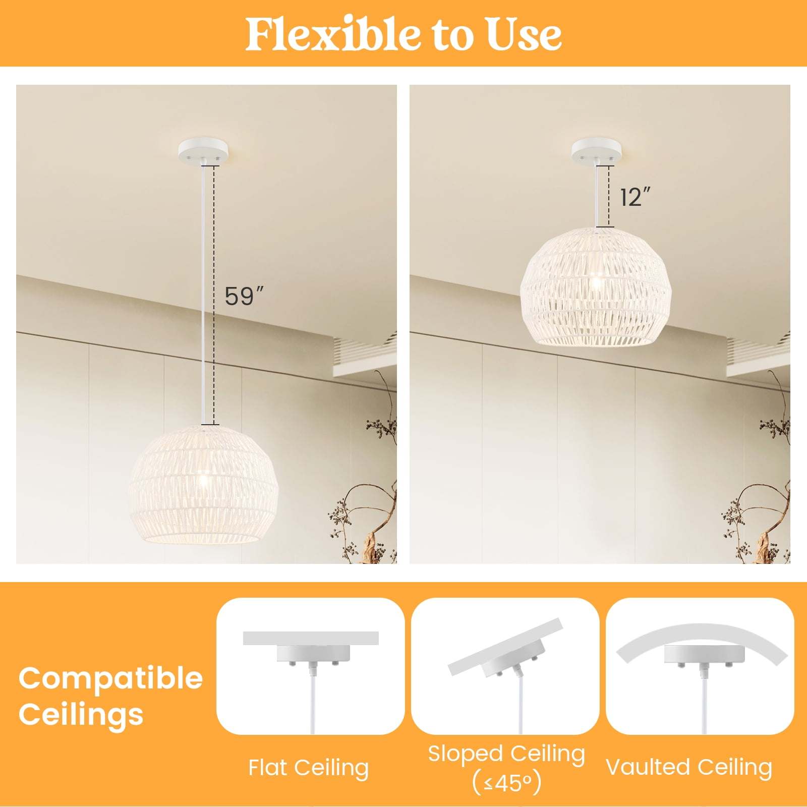 Topbuy Paper Pendant Light Fixture Round Hanging Ceiling Light with Adjustable Hanging Rope 17.5” Decorative Chandelier
