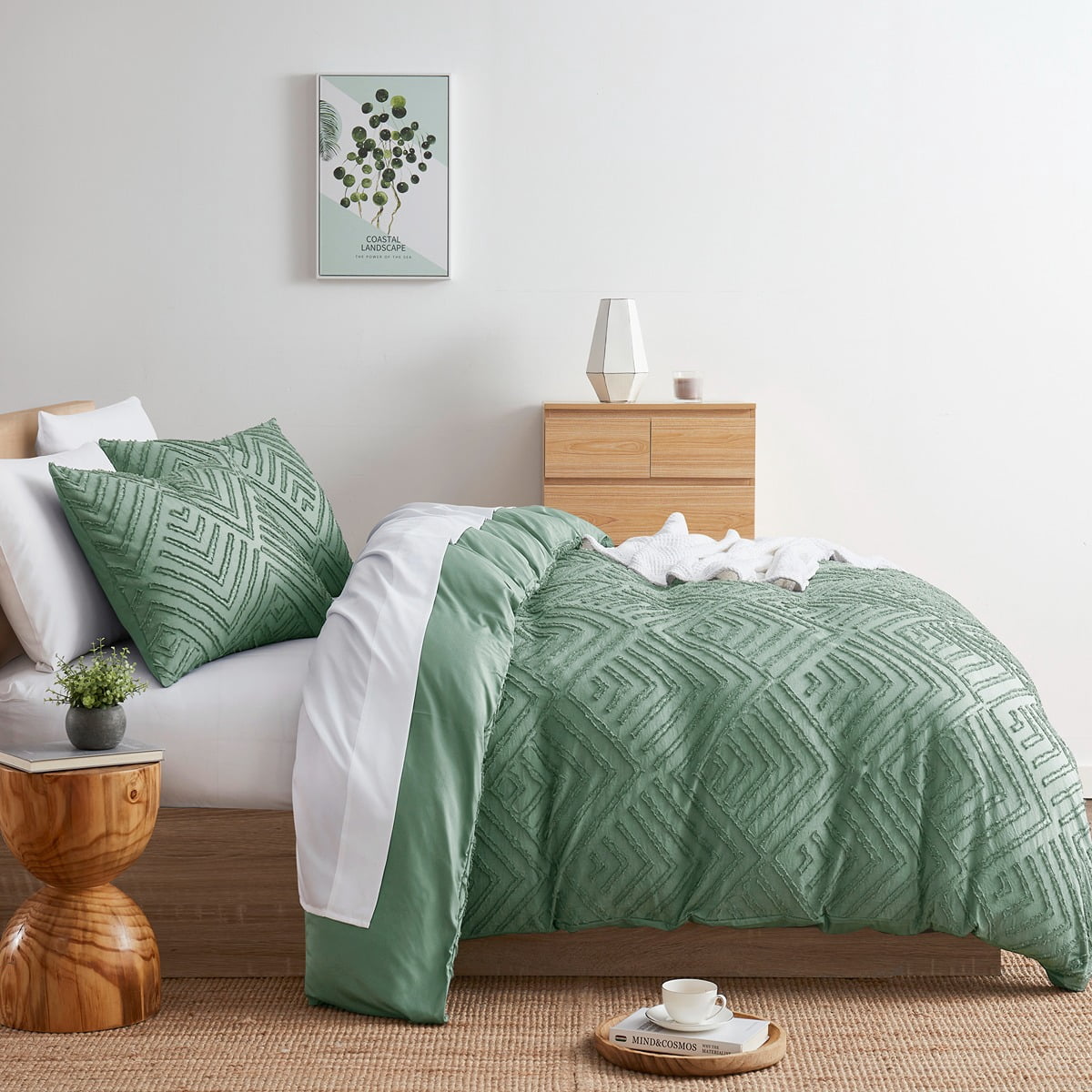 Nestl Boho 3 Piece Duvet Cover Set, Tufted Embroidery Double Brushed Duvet Cover with Button Closure with 2 Pillow Shams, Twin (68"x90") - Green
