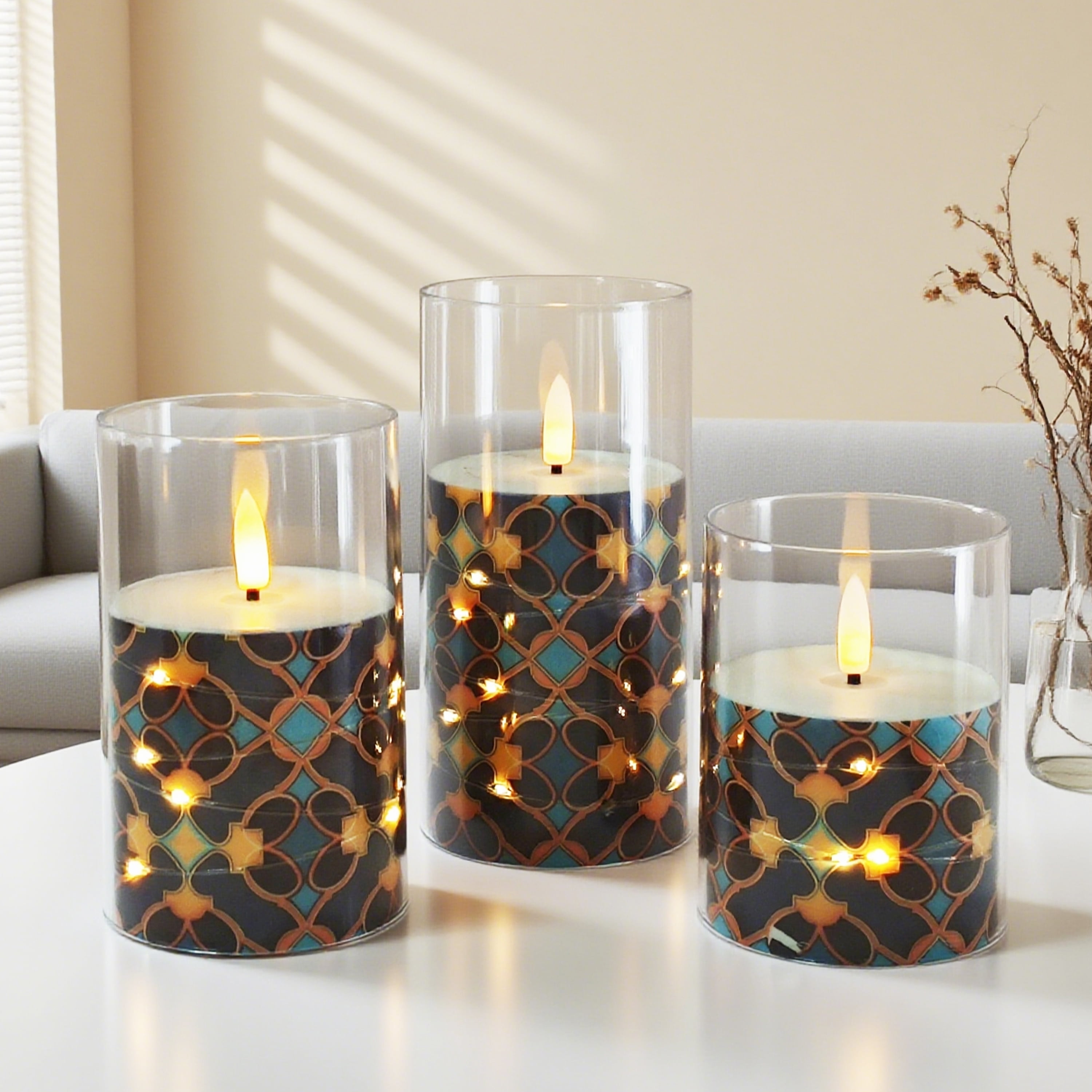 Flameless Candles with String Lights LED Candle Battery Operated Candles with Remote Control,Printed Pillar LED Candles for Wedding Holiday Party Table Home Decorations,Set of 3