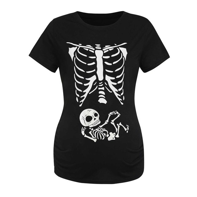 Hauts de Maternité d'Halloween pour Femmes, T-Shirt de Grossesse Amusant à Imprimé Squelette, Coupe Confortable Extensible, Blouse Décontractée Froncée sur le Côté pour Mamans