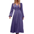 thumbnail image 2 of Women's Casual V Neck Long Shirt Dress Elegant Solid Color Long Sleeve Button High Waist Slim Fit Office Dresses 10-Purple XXXXXL, 2 of 5