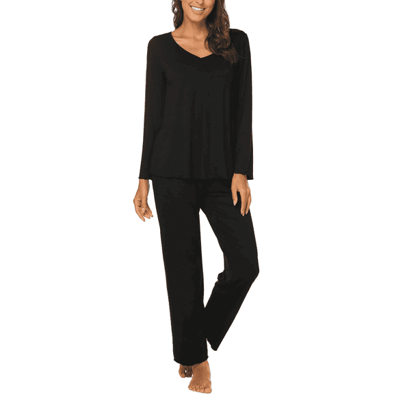 WQD Womens Pajama Sets 2 Piece Lounge Sets V Neck Long Sleeve Loungewear Comfy Pj Sets Top and Pants Soft Loose Sleepwear for Fall Winter Spring