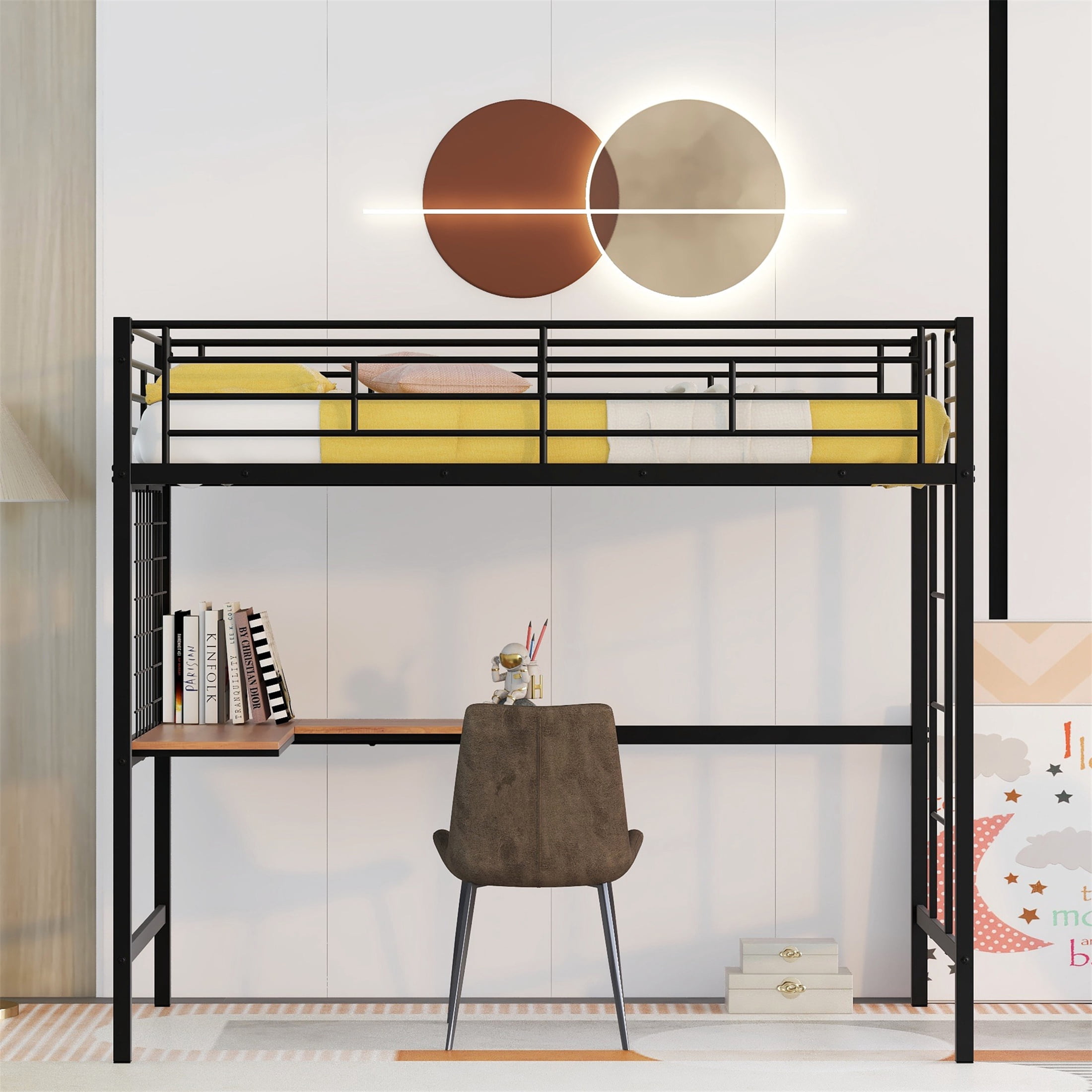 Aukfa Twin Loft Bed with L Shape Desk, Heavy Duty Metal Bed Frame for Kids Teens, Black