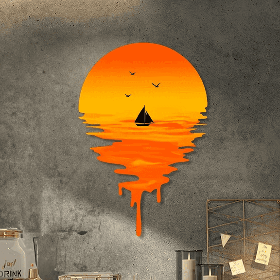 Sunset Sailboat Metal Wall Art With Birds, Coastal Iron Wall Decor