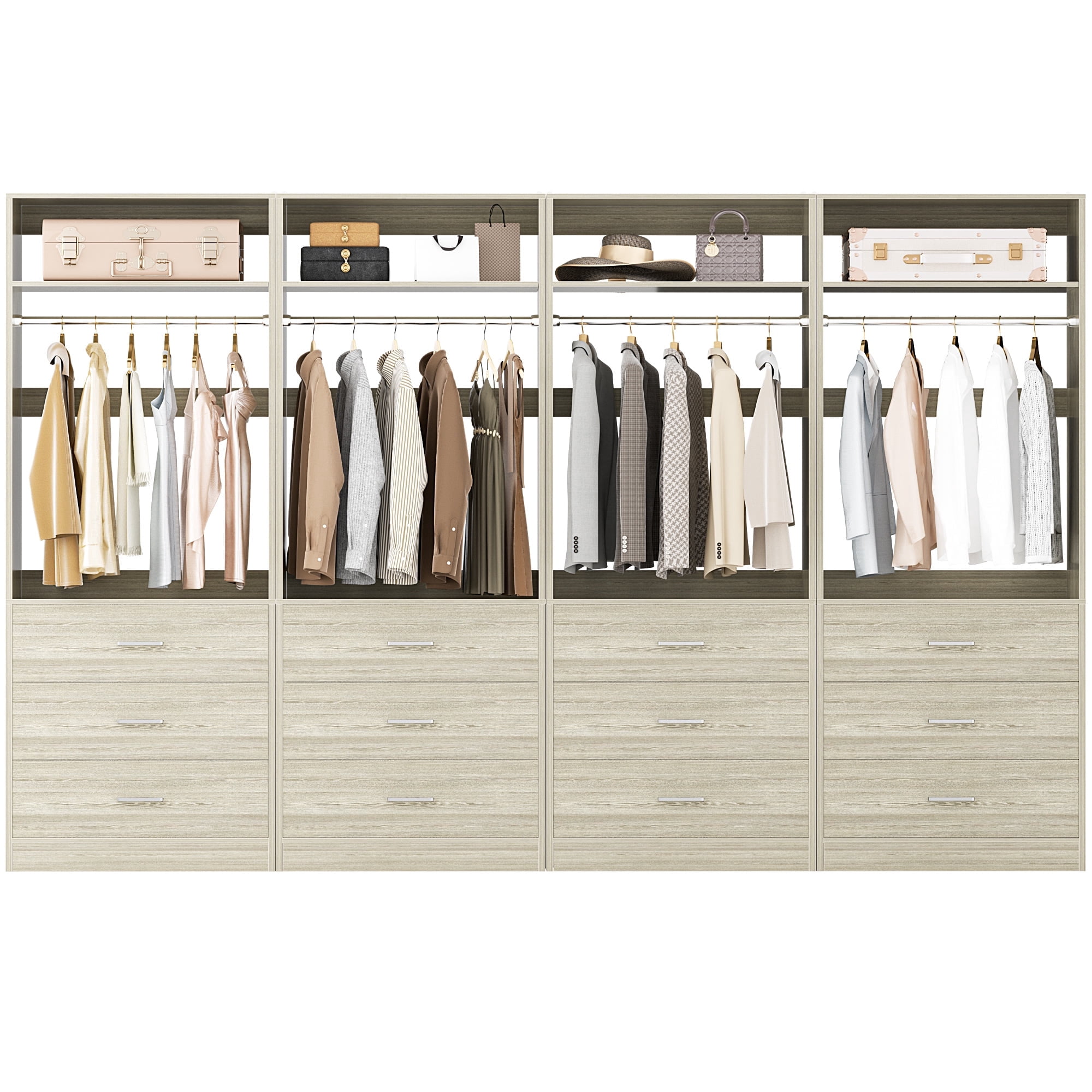Homieasy 8FT (96 Inch) Closet Organizer System,Set of 4 - 12 Wood Drawers, 4 Hanging Rods & 4 Shelves, Heavy Duty Walk-in Closet Storage,White Oak