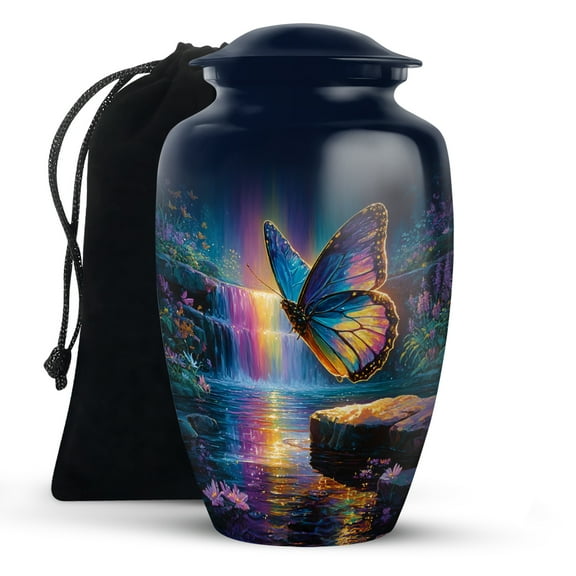 KARYLIZ Butterfly Large Cremation Urn for Ashes Adult Male, Ash Urns, Blue-Gold Urn for Human Ashes Adult Man, Rainbow Falls Funeral Urns for Child, Cremation for Burial Home