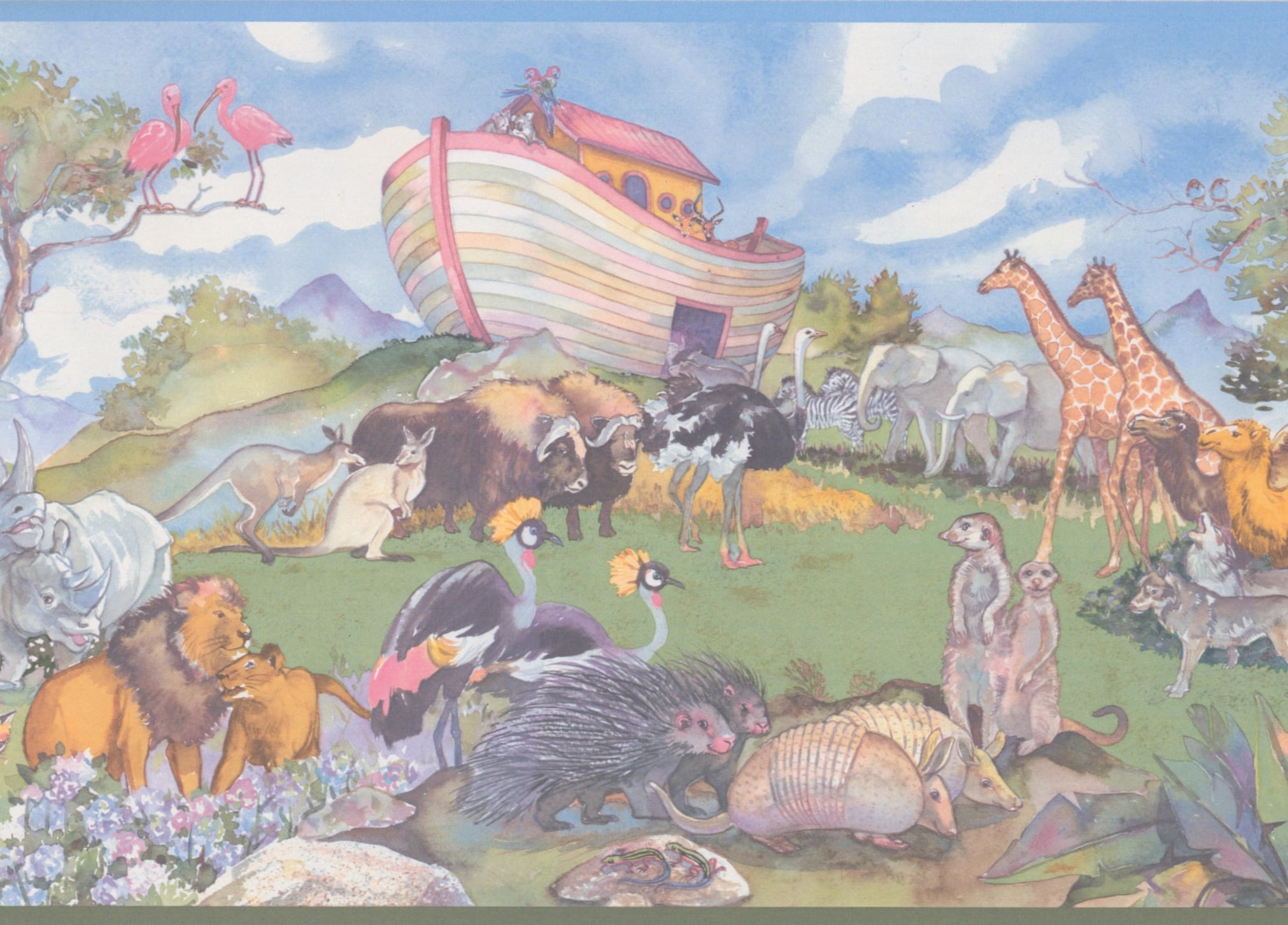 Wallpaper Border - Noah's Arc Animals Blue Wall Border Retro Design