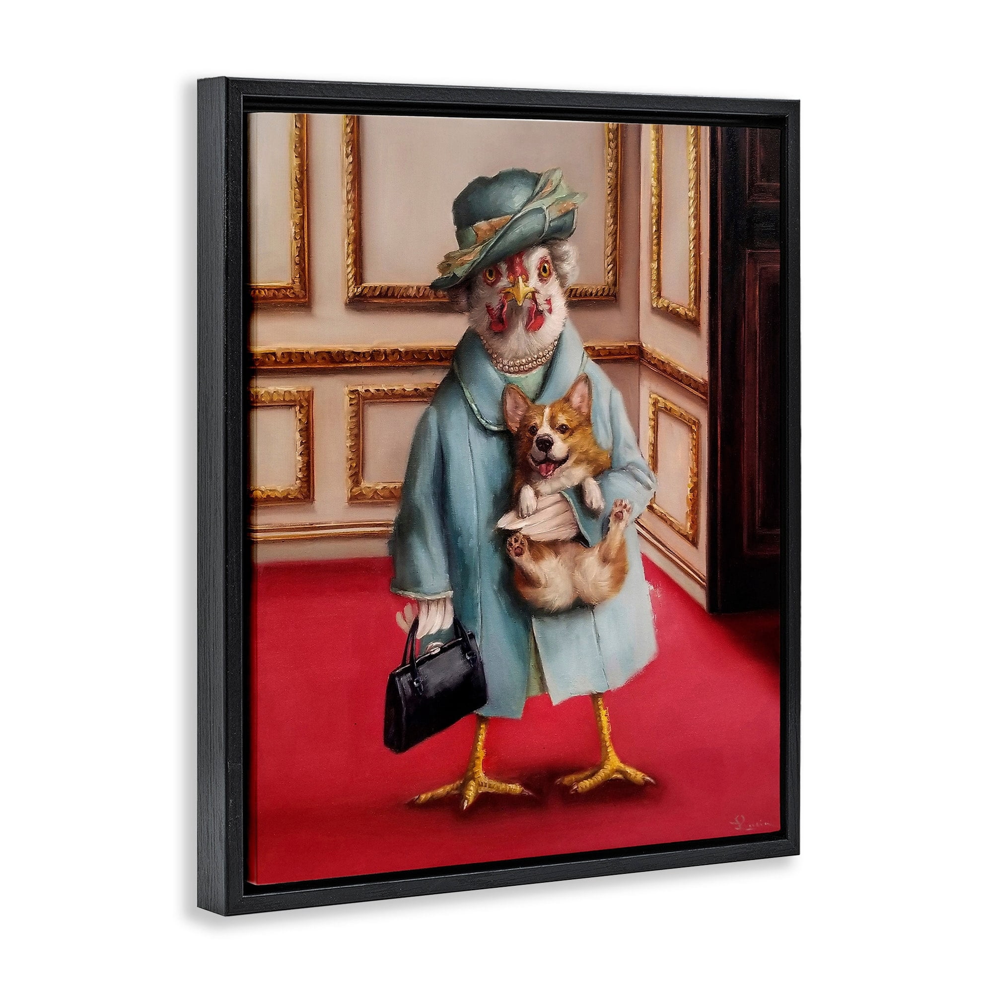 Stupell Industries Queen Chicken with Corgi Regal Animal Humor Jet Black Framed Floating Canvas Wall Art, 16x20, by Lucia Heffernan