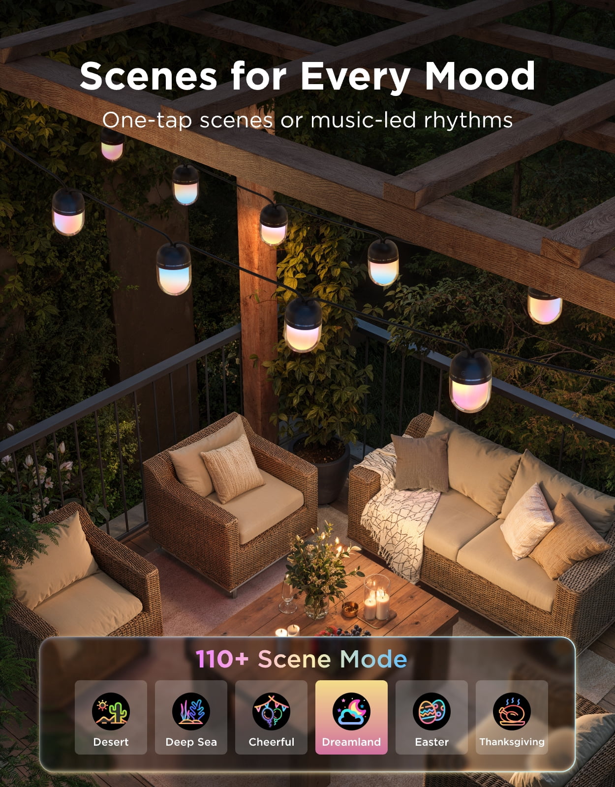 Govee Outdoor Chromatic String Lights, 65.6ft RGBIC Outdoor Lights, 55 RGB LEDs per Bulb, Uni-IC Control, 111+ Scenes, IP67 Waterproof, String lights compatible with Alexa, Google, Matter, App
