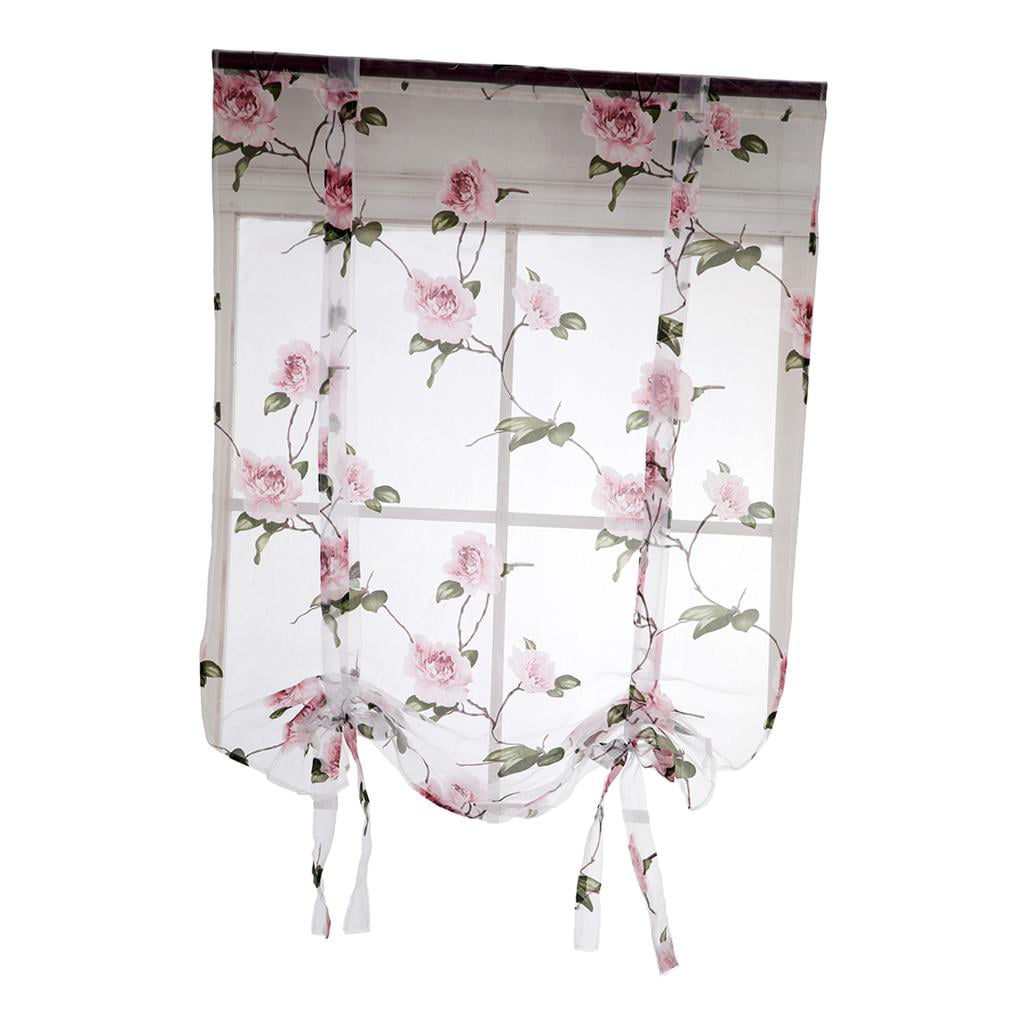 Elegant Flower Short Roman Curtain Tie-up Shade Sheer Voile for Small Window 