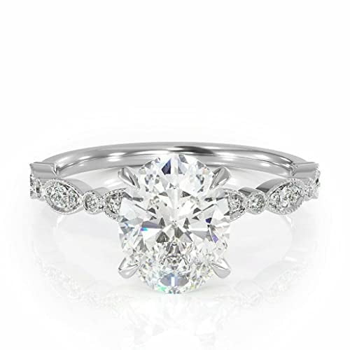 HeartsAndYou 3ct Oval Cut Moissanite Engagement Ring for Women 18k White Gold over Silver Vintage Inspired Round Accents