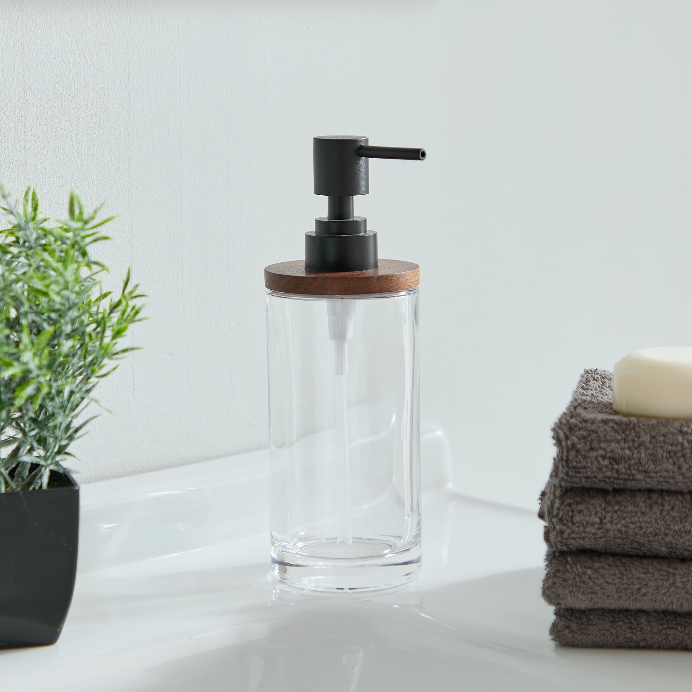 Better Homes & Gardens Acacia Wood Glass Soap Pump with 12 Oz Capacity