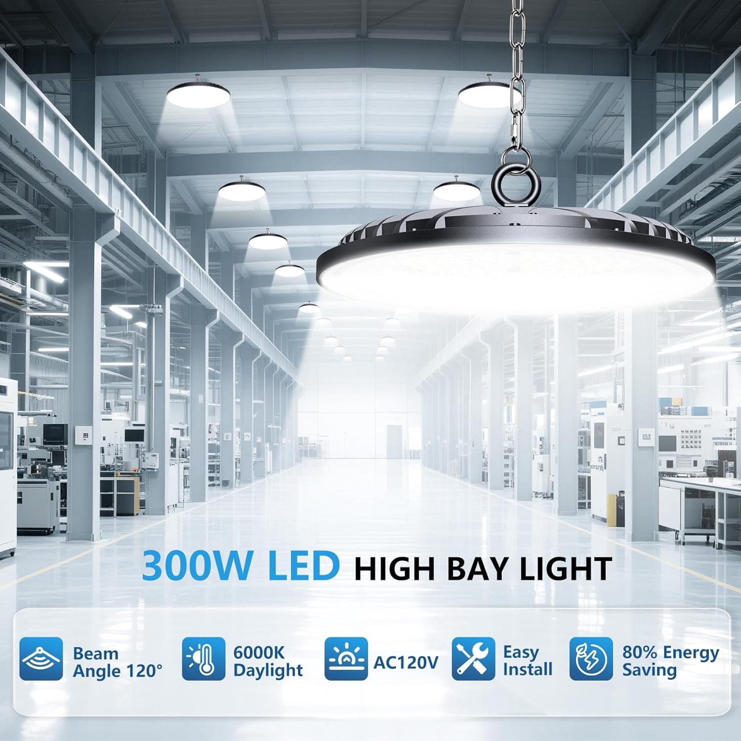 1 Pack 300W UFO LED High Bay Light 45000LM 6000K IP65 Commercial Lighting for Warehouse Garage Gym