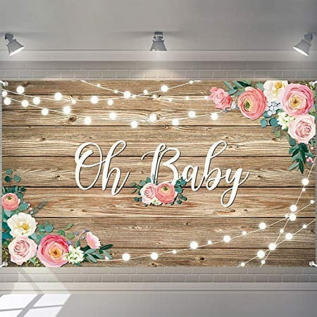 Image of Rustic Wood Baby Shower Backdrop Banner Oh Baby Floral Baby Shower Decorations for Girls and Boys Wood Floor Flower Wall Background Newborn Birthday Party Photo Shoot Booth
