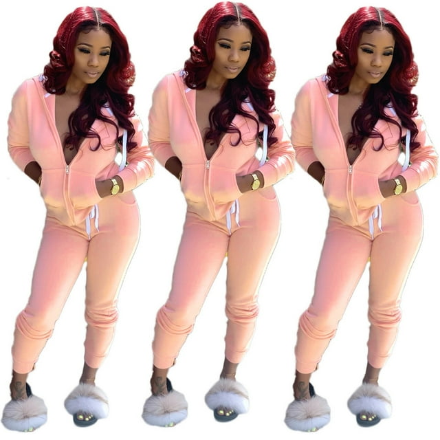 Women Solid Color Sets Zipper Hood Wear Lounge Wear Suit Sport Set Tops+Pants