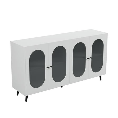 Modern White Sideboard Cabinet with 4 Glass Doors and Black Legs, Storage Buffet Console