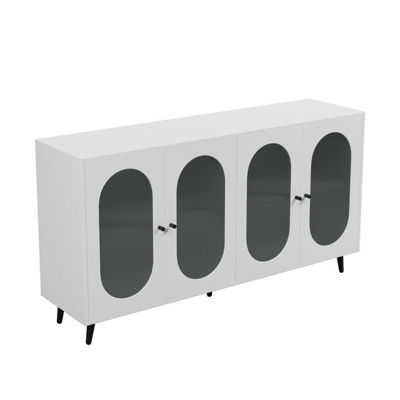 Modern White Sideboard Cabinet with 4 Glass Doors and Black Legs, Storage Buffet Console