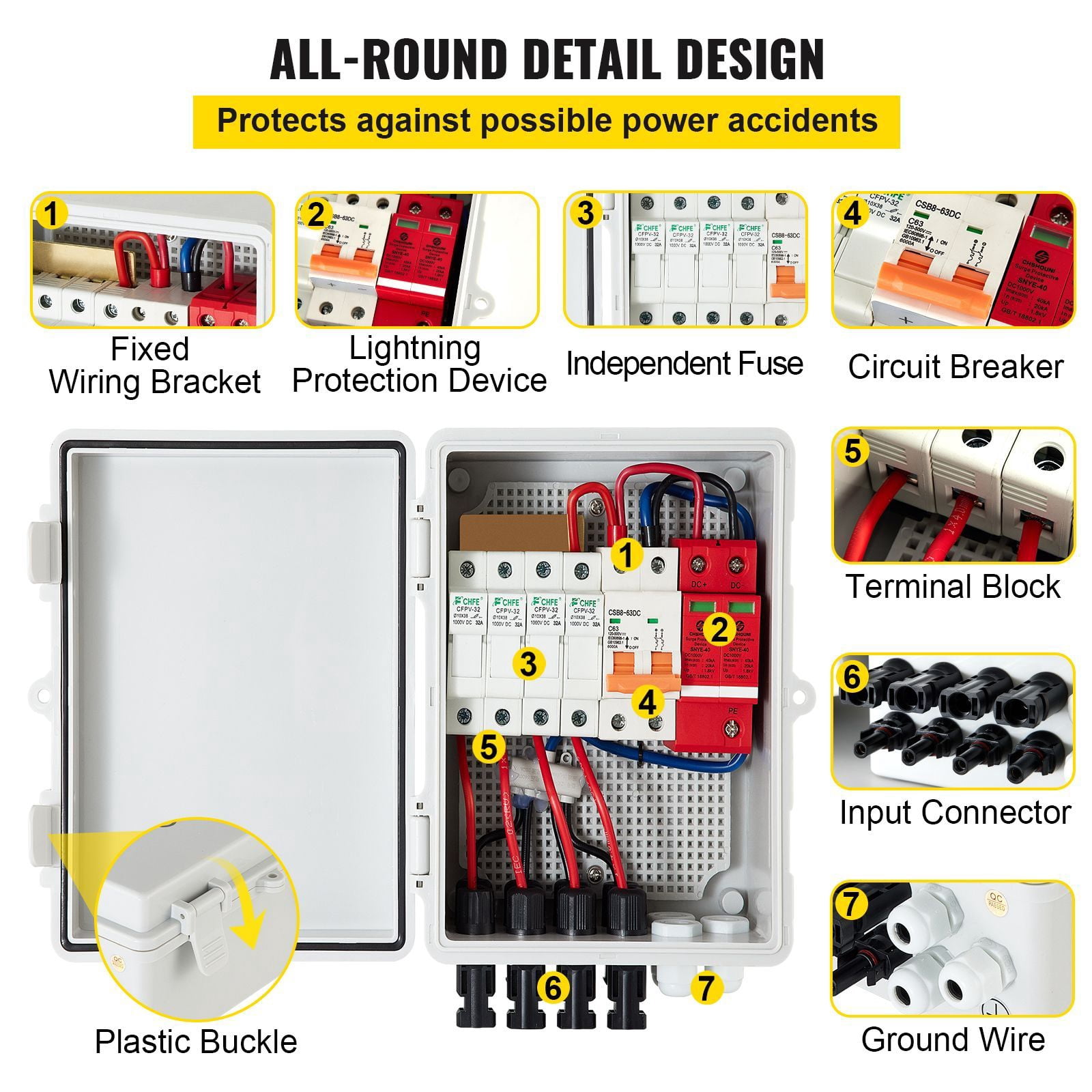 PV Combiner Box 4 String 15A DC Fuses 63A Circuit Breaker IP65 for Solar Panel System