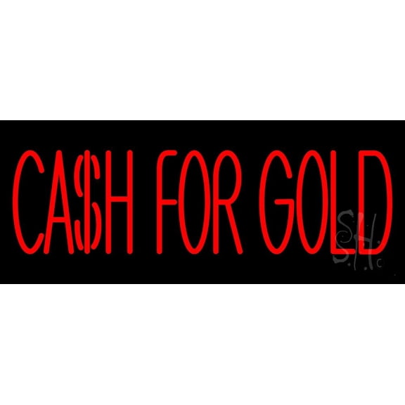 Red Cash For Gold LED Neon Sign 13 x 32 - inches, Black Square Cut Acrylic Backing, with Dimmer - Bright and Premium built indoor LED Neon Sign for Pawn store interior decor, and stroefront.